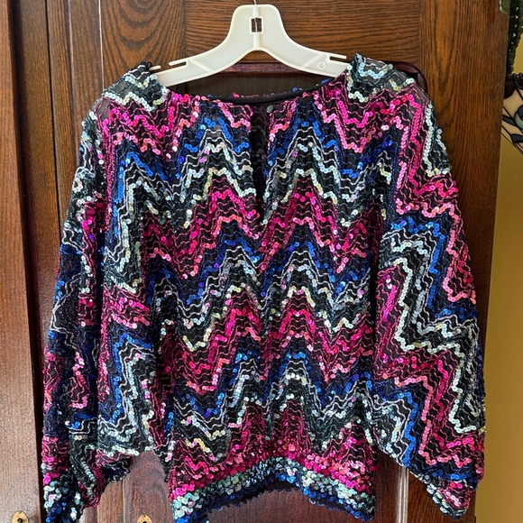 Vintage Sequin Zigzag Dolman Sleeve Banded Bottom Blouse - Picture 3 of 12
